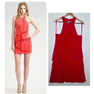 BCBGMaxazria Azalea Red 100% Silk Ruffle Tier Halter Dress Size 10